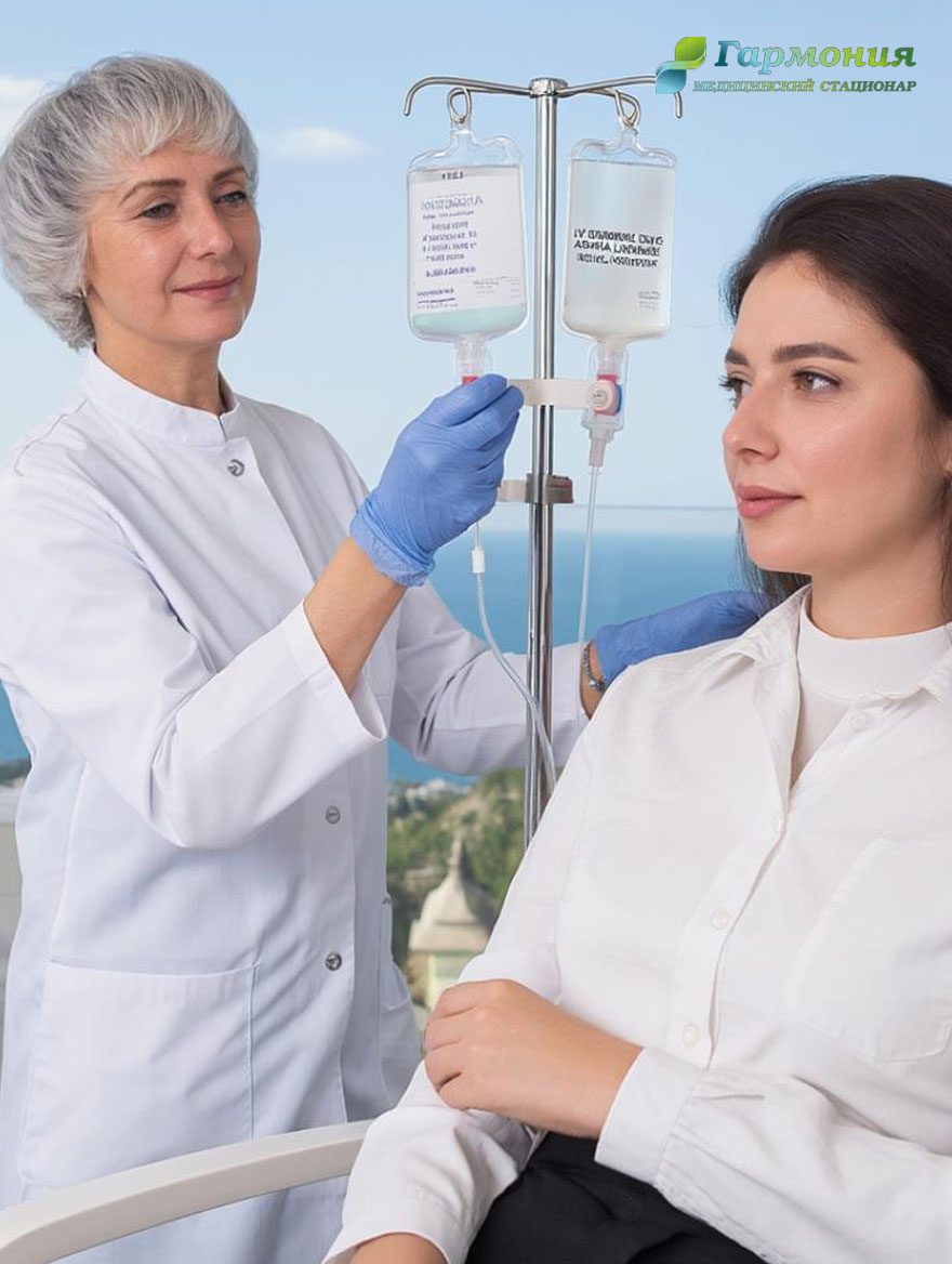Врач и пациент с капельницей на фоне берега Шымкента