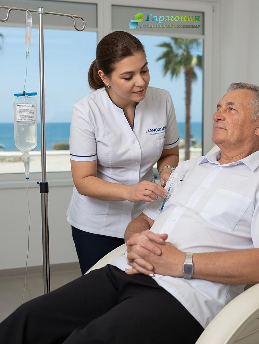 Врач и пациент с капельницей на фоне берега Шымкента