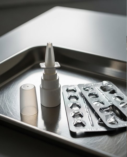 На столе использованный спрей и блистеры от таблеток