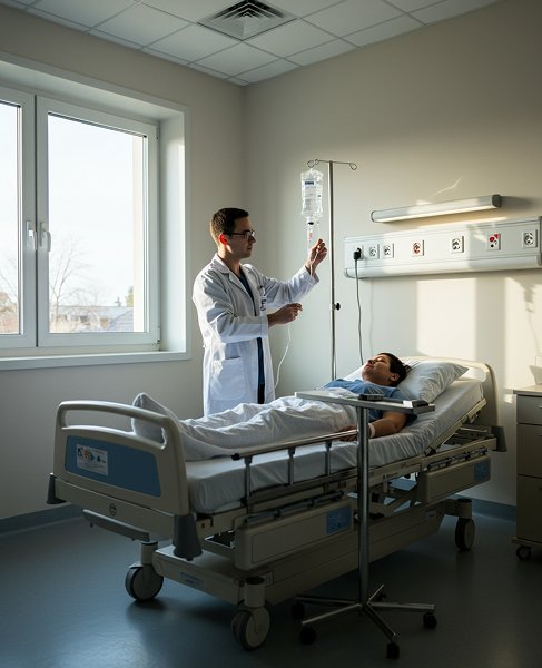 Врач настраивает капельницу пациенту