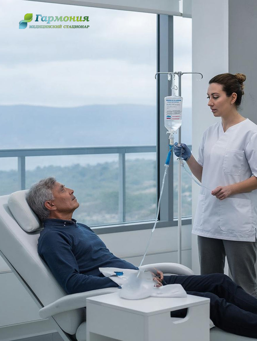 Врач и пациент с капельницей на фоне берега Шымкента